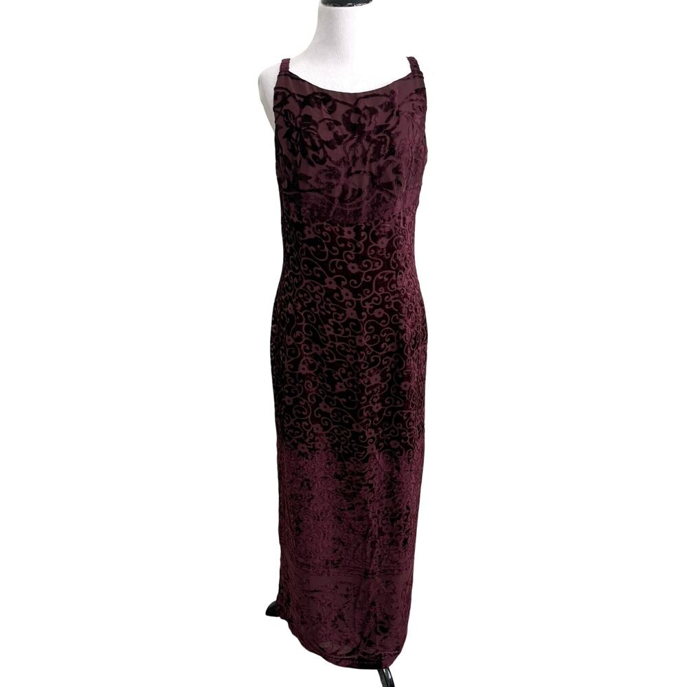 VTG Scott McClintock Velvet Maxi Dress Formal Gown 10 Maroon Floral Whimsygoth